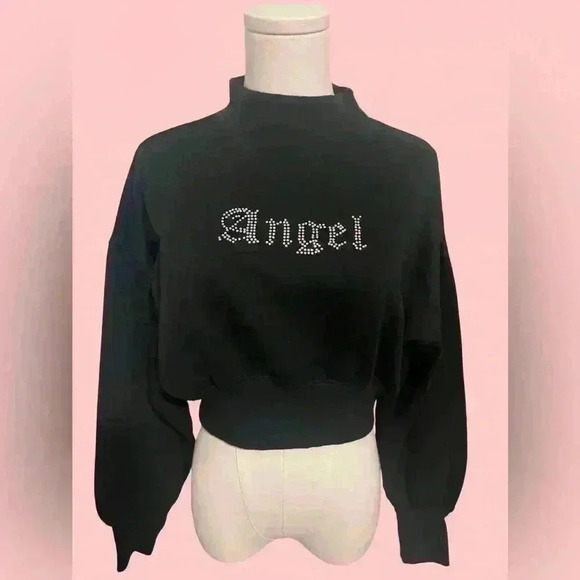 Y2K Angel Inspired Embellished Cropped Sweater – Black Mock Neck size S - Picture 1 of 4